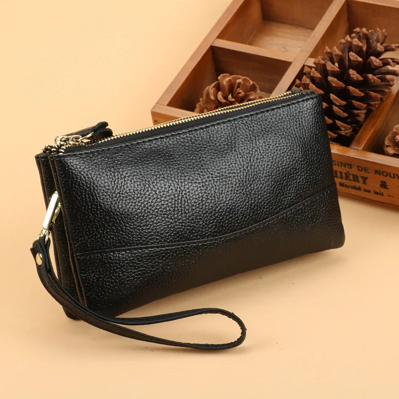 Fashion Women Clutch Wallet PU Leather Double Zipper Money Purse High Capacity Female Mobile Phone Clutch Purse with Wrist Strap