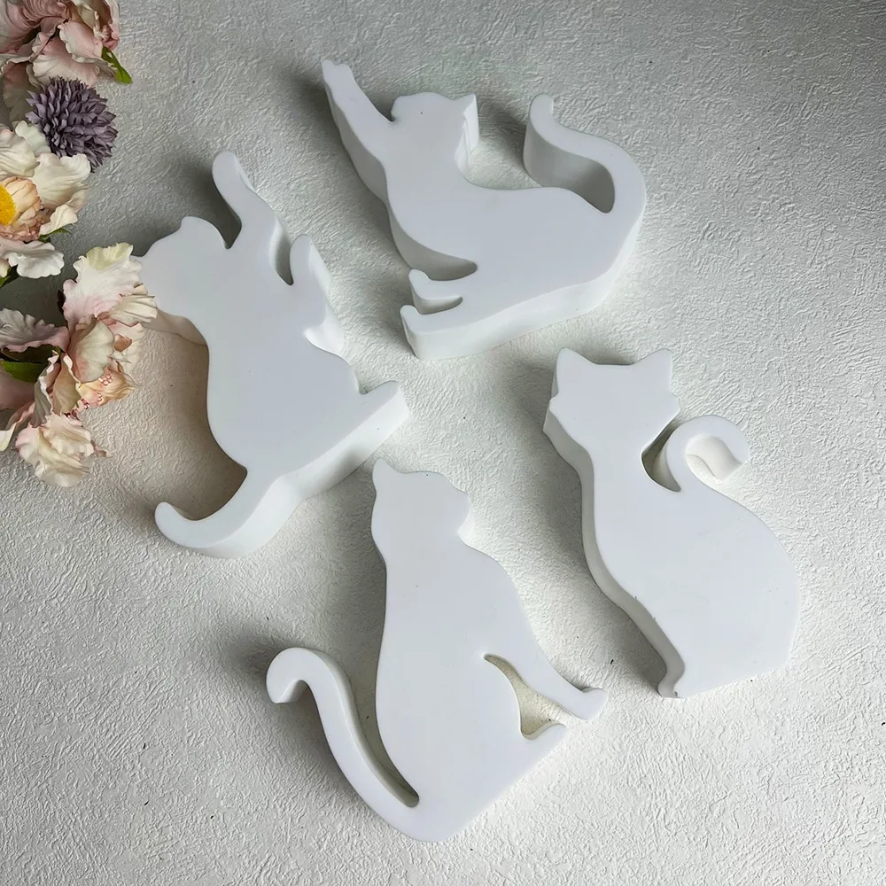 Kitten Candle Holder Mold Cute Cat Candlestick Silicone Mold Concrete Cement Plaster Candle Holder Tray Pottery Mould Home Decor