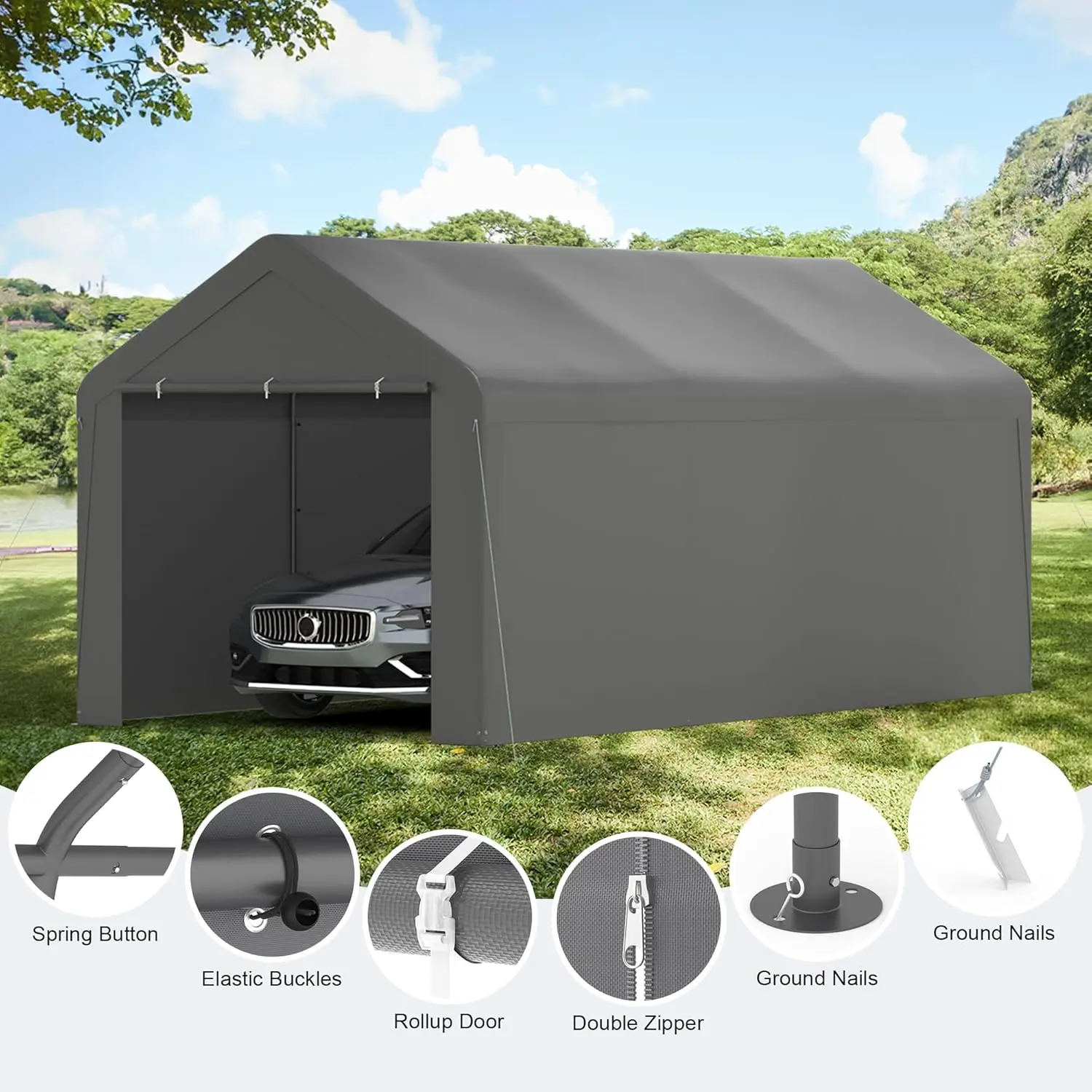 10‘ x 20’Heavy Duty Enclosed Garage All-Season Car Canopy with Removable Sidewall & Doors, Portable Canopy with Water-Resistant