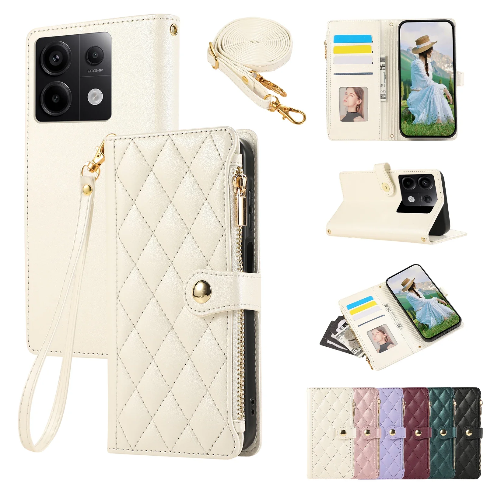 Elegant Crossbody Leather Wallet Case with Zipper and Lanyard - Diamond Design Cover
