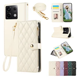 Elegant Crossbody Leather Wallet Case with Zipper and Lanyard - Diamond Design Cover for Redmi Note12Pro 4G (Beige)