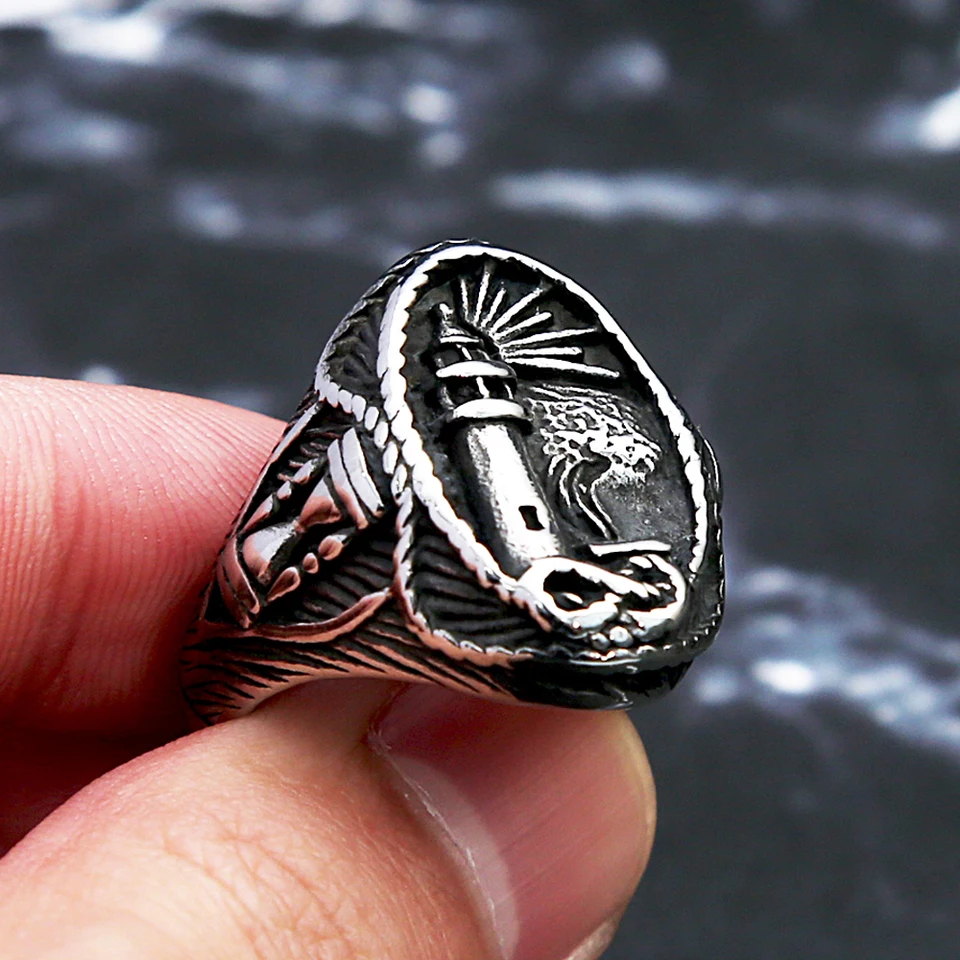 HIJONES Men's Stainless Steel Lighthouse Signet Ring - Nautical Vintage Statement Wedding Band 10 thumbnail image