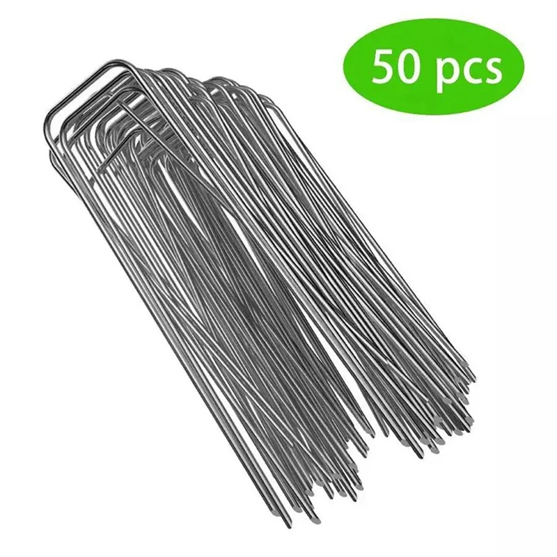 50Pcs U-shaped Ground Nails Pipe Mulch Nails Green Lawn Succulent Tent Fixed Galvanized Steel Grass-proof Cloth ground nails