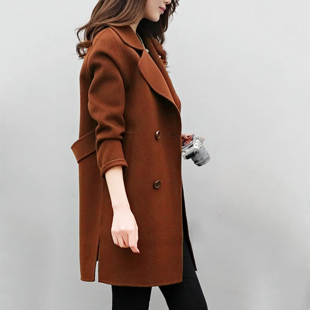 Coat Women Autumn Winter Jackets Solid Color Lapel Double-breasted Woolen Midi Trench Coat Loose Long Sleeve Jacket Warm Keeping