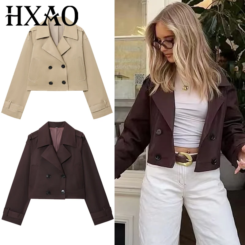 HXAO – Trench-Coat court marron chocolat pour femme, manteaux surdimensionnés à manches longues, veste à Double boutonnage, vêtements d'extérieur, automne