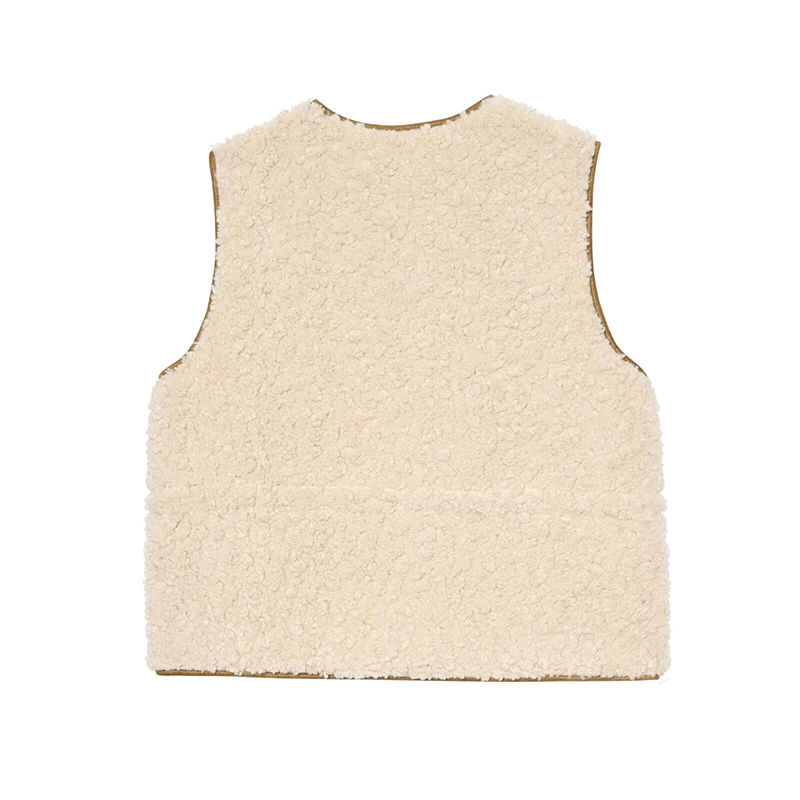 Chic Fashion Lamb Fleece Vest Woman Adjustable Waist Tied Vests For Women Sleeveless Jacket Zipper Waistcoat Vintage Crop Top ﻿