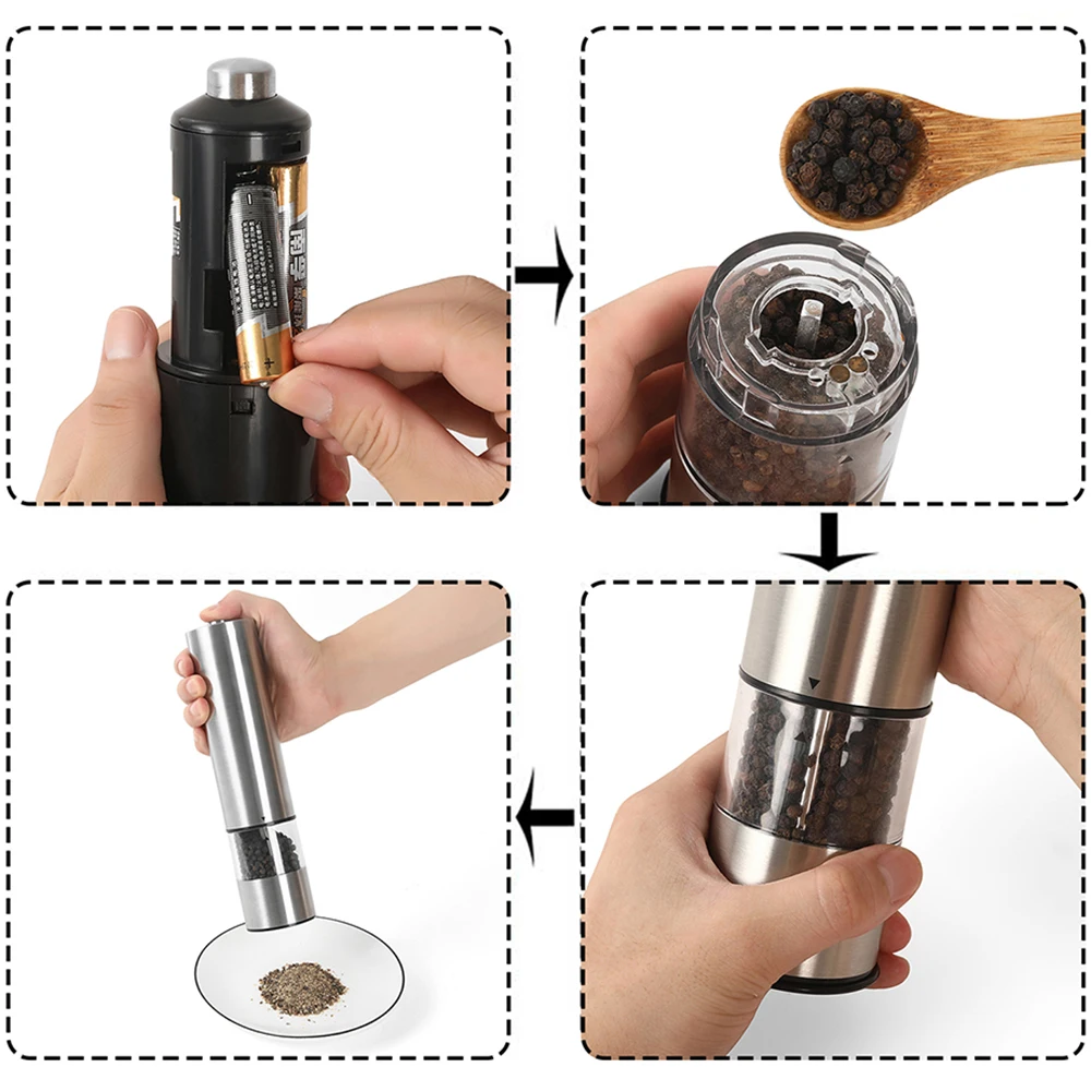 Electric Pepper Mill with Portable Stand Stainless Steel Spice Grain Seasoning Grinder with Led Light Kitchen Grinding Tool
