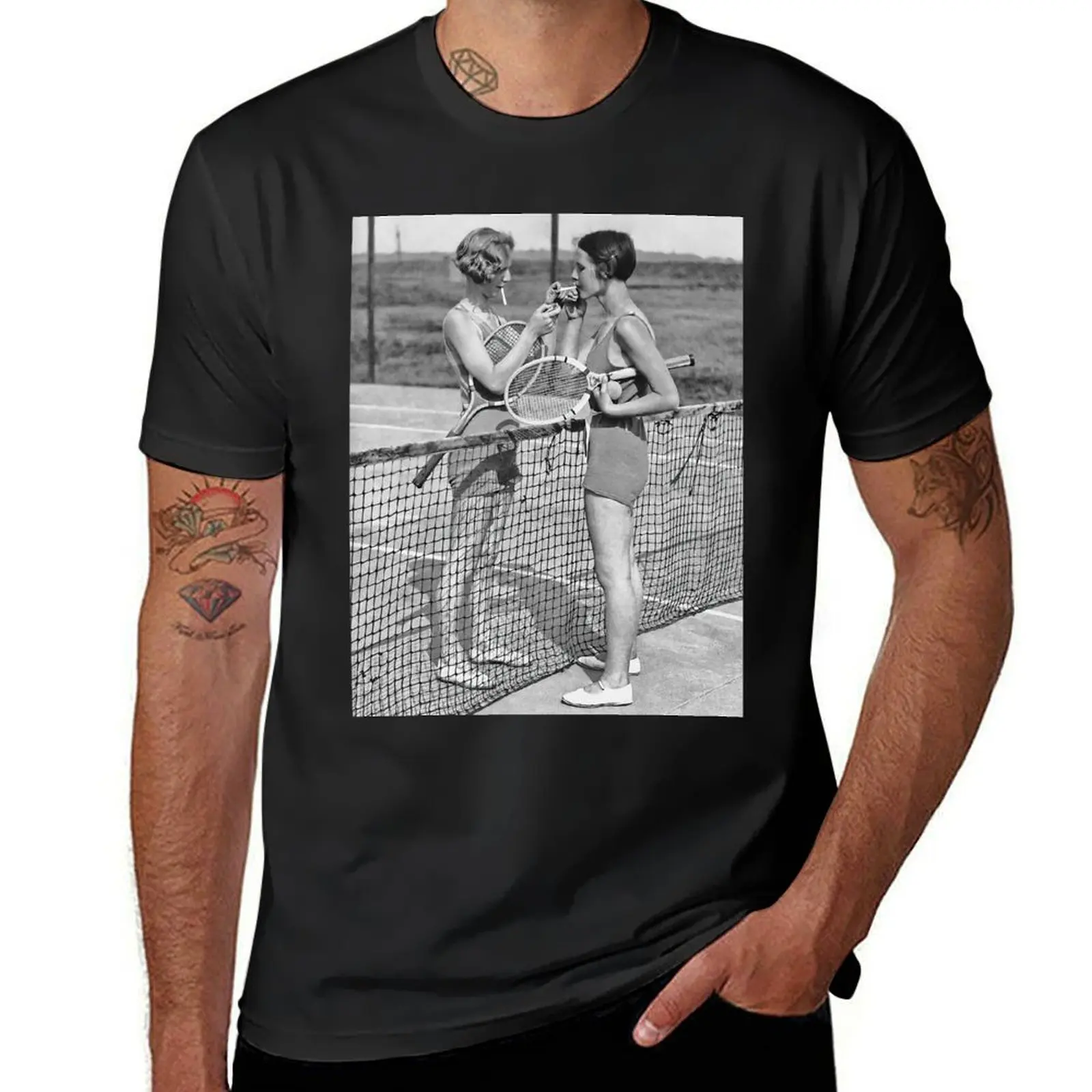 Tennis Players, Smoking Cigarettes, Black and White Vintage Art T-Shirt customizeds heavyweight t shirts for men