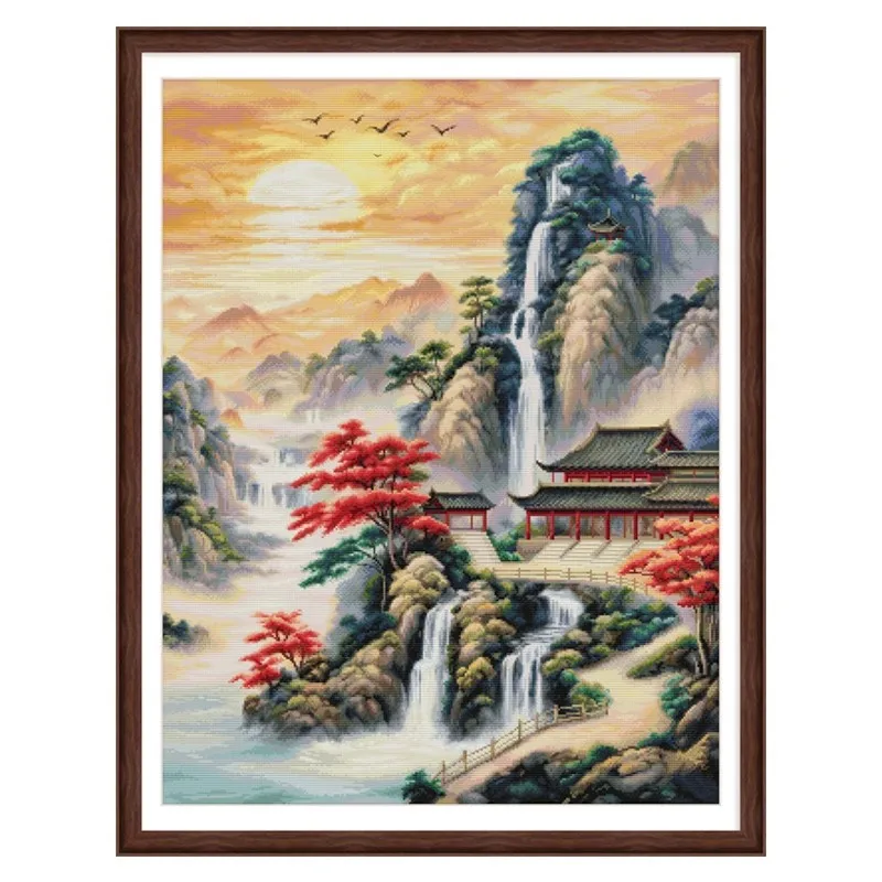 High mountains and flowing water Cross Stitch 11CT 14CT Embroidery DIY Printed Kits Needlework Sets Home Decor Crafts 80 Colors