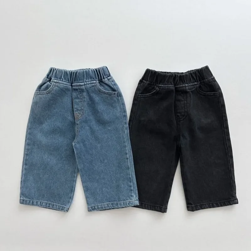 

Children's Spring Denim Pants 2024 New Simple Fashion Boy's Autumn Pocket Jeans Girls Elastic Waist Casual Washed Straight Pants
