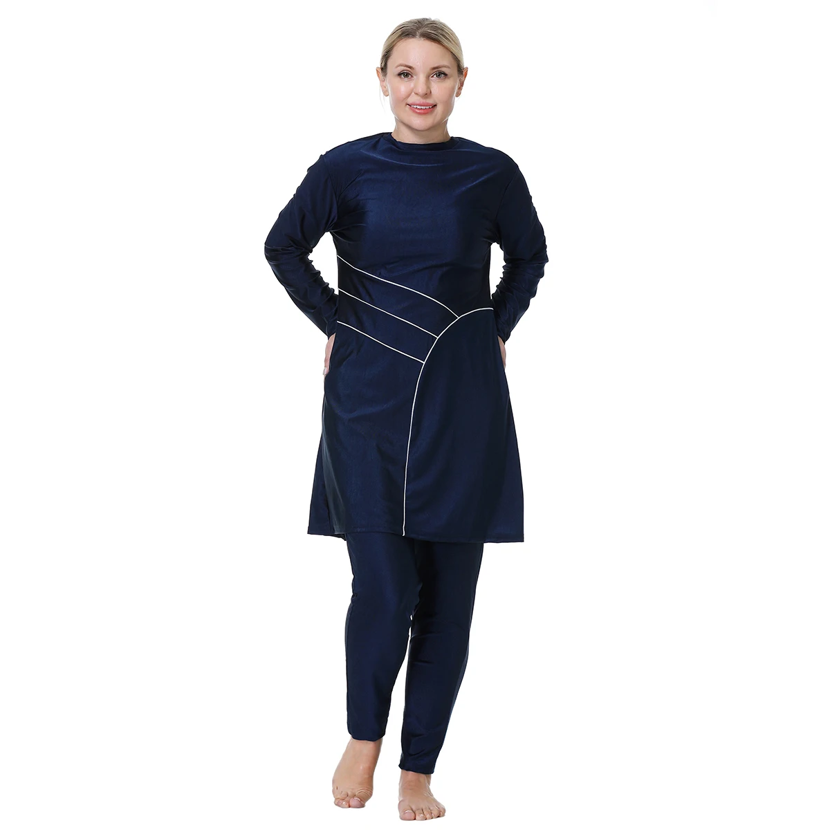 

3XL-8XL Muslim Lady Patchwork Long Sleeves Round Collar Modest Swimming Clothes Arab Women 3 PCS Full Cover Loose Swimsuits