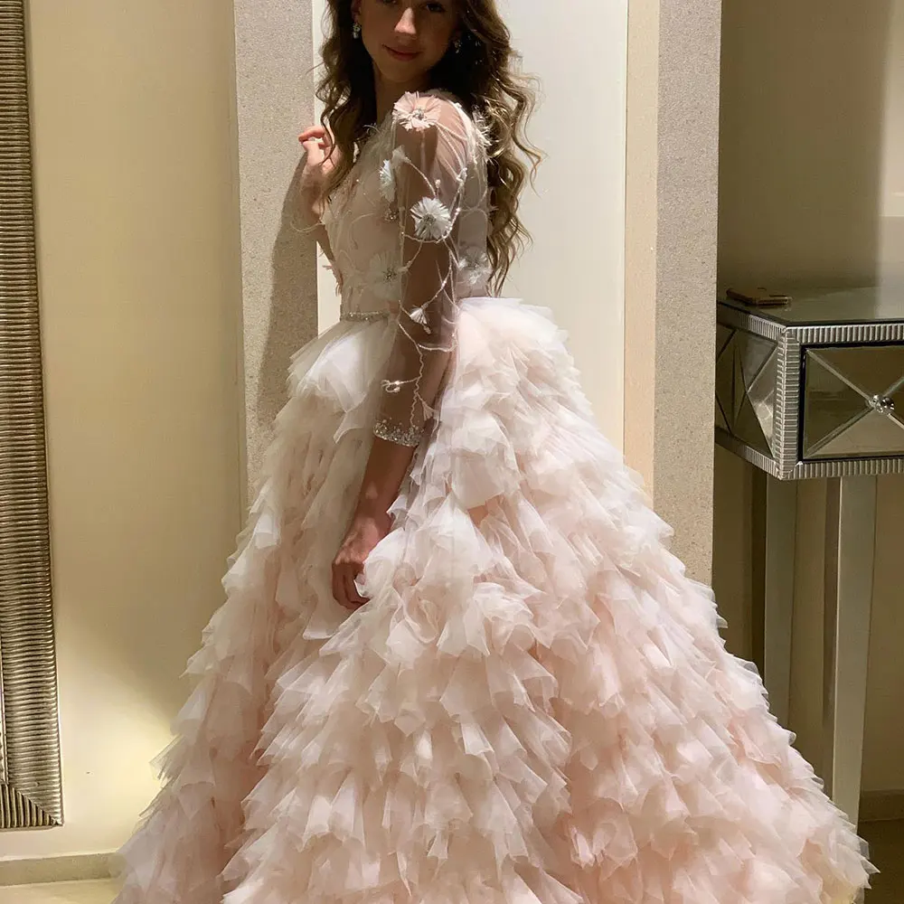 

Jill Wish Luxury Pink Girl Dress Beaded 3D Flowers Princess Kids Wedding Birthday Party Formal Gown First Communion 2024 J390