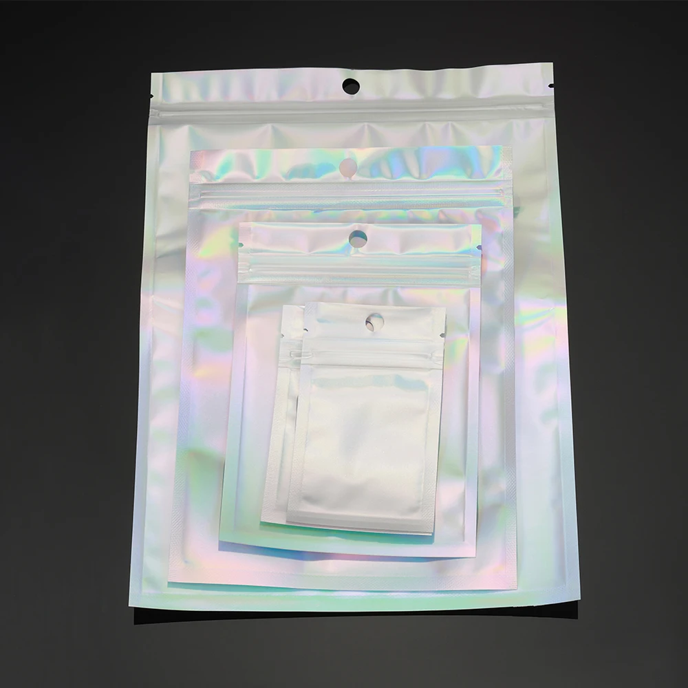 50pcs Holographic Ziplock Bags Resealable Bags Thicken Plastic Self-sealing Pouch for Jewelry Display Handmade Crafts Packaging