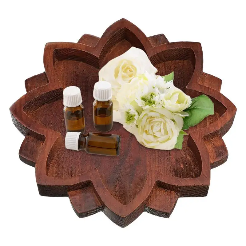 Wooden Lotus Tray Lotus Shape Crystal Stone Holder Crystal Display Tray with Bottom Non-Slip Pad for Aromatherapy Oils Jewelry 4