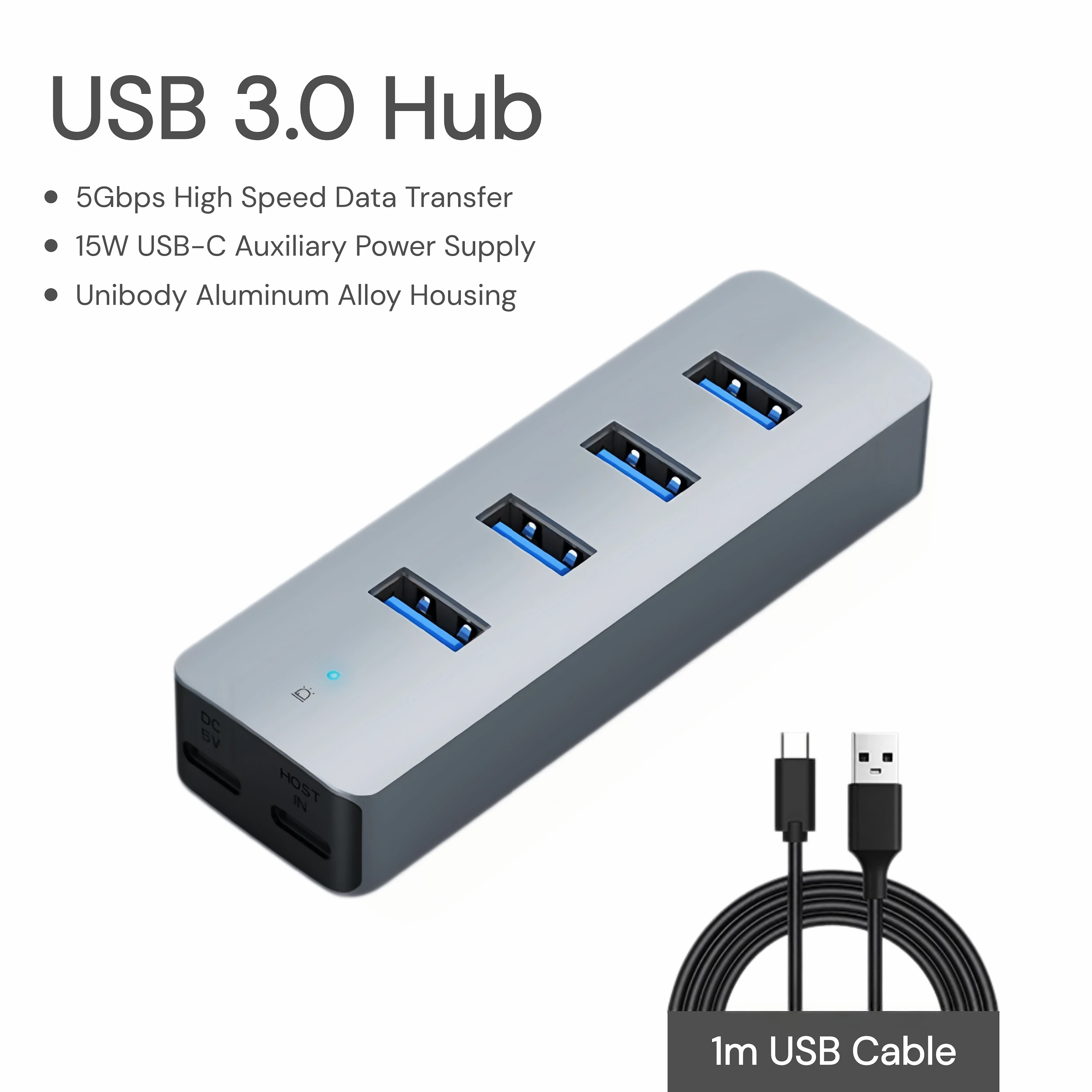 High-Speed 4-Port Aluminum USB 3.0 Hub with Long Cable