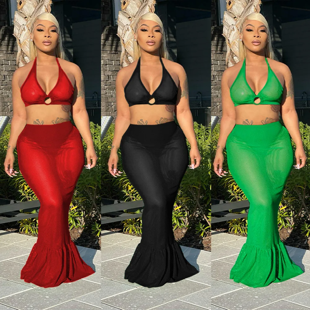 Sexy Women Sheer Mesh 2 Piece Set 2023 New Lace Up Crop Top + Skinny Ruffles Mermaid Skirts Club Beach Wear Outfits Matching Set