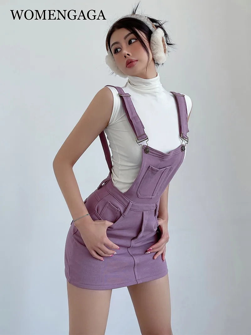 

WOMENGAGA American Adjustable Knitted Strap Mini Dress Denim Women Slim Strap Dresses High Waist Purple Sweet Summer FPQ4