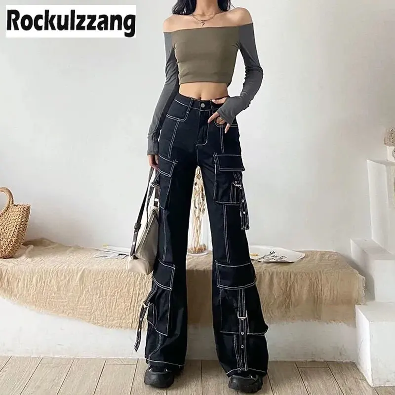

Techwear Cargo Pocket Bright Line Long Jeans Denim Pant Women boyfriend trouser harajuku gothic punk grunge aesthetic y2k cloth