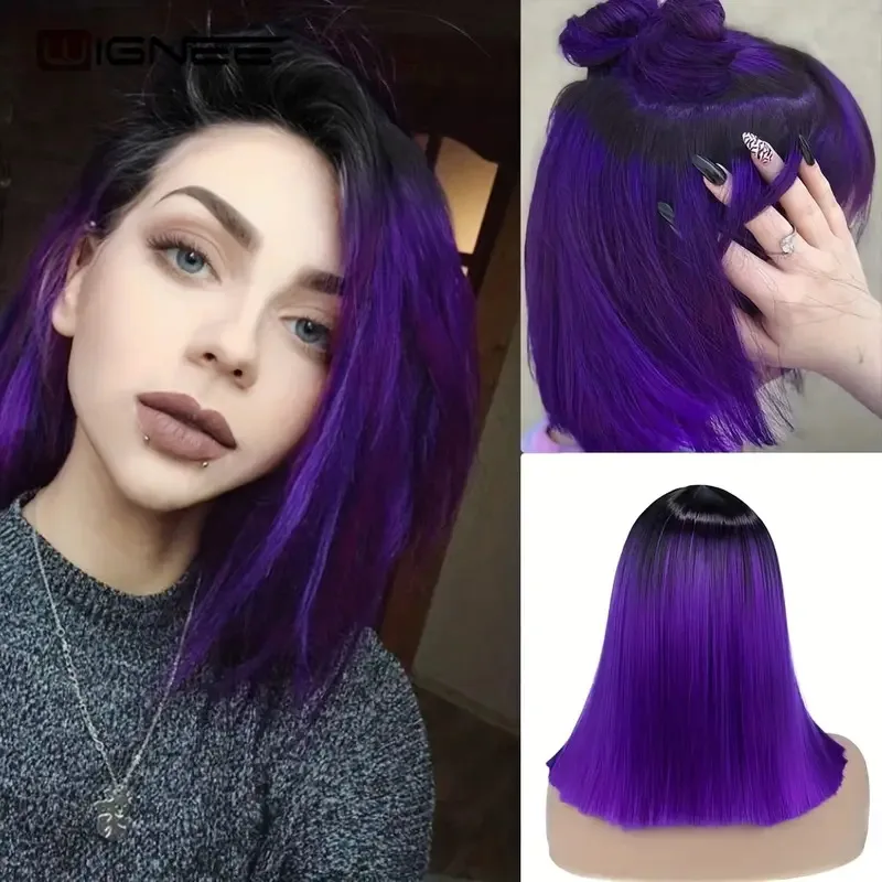 

Short Bob Wigs for Women, Shoulder Length, Ombre Black to Purple, Straight Hair