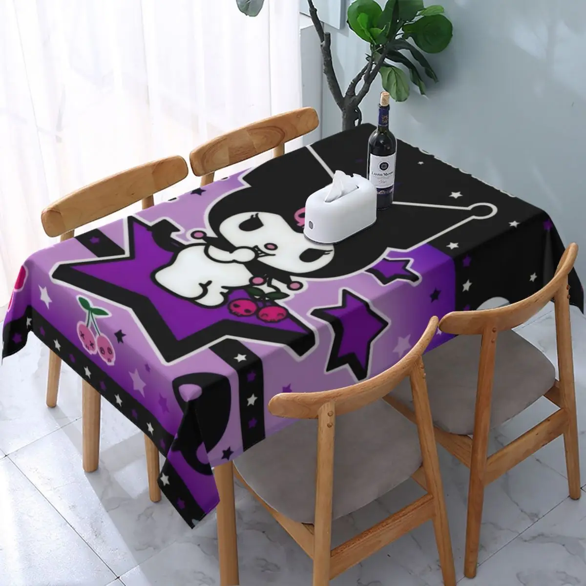 Mantel rectangular personalizado de Anime Kuromi Sanrio que se adapta a mesas con borde elástico de 40 a 44 pulgadas