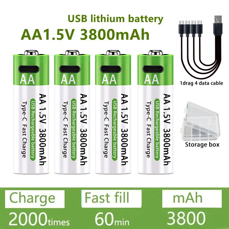סוללת AA/AAA נטענת 3000mAh/3800mAh סוללת ליתיום 1.5V מתח קבוע טעינה מהירה סוג-C עבור עכבר מרחוק צעצוע ועוד