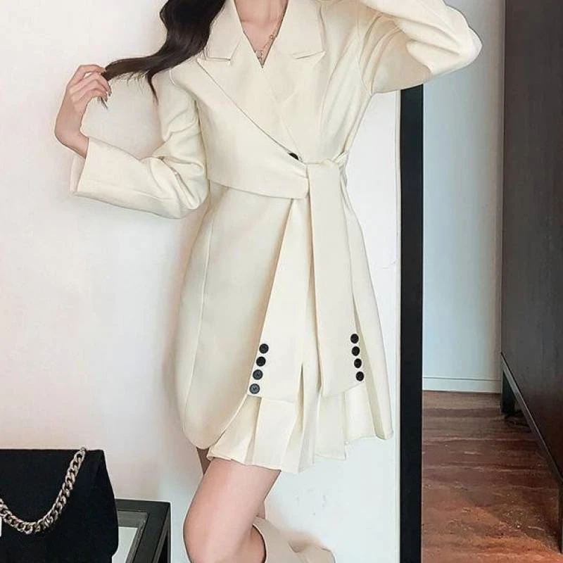 

2023 Autumn/Winter Women Blazers Korean Fashion Suit Dress Pleated and Strap Wrapped Waist Dress Chic Suit Coats Women Clothing