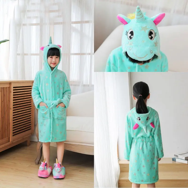 Autumn Winter Kids Sleepwear Kigurumi Unicorn Robe Flannel Warm Bathrobe For Girls 4-12 Years Teenagers Children Pajamas For Boy