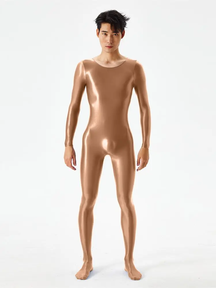 Sexy Oil Shiny Smooth Jumpsuit High Elastic Unisex Full Body Bodysuit O Neck Long Sleeve Tights Shapewear Elegant Club Costumes cosplay costume