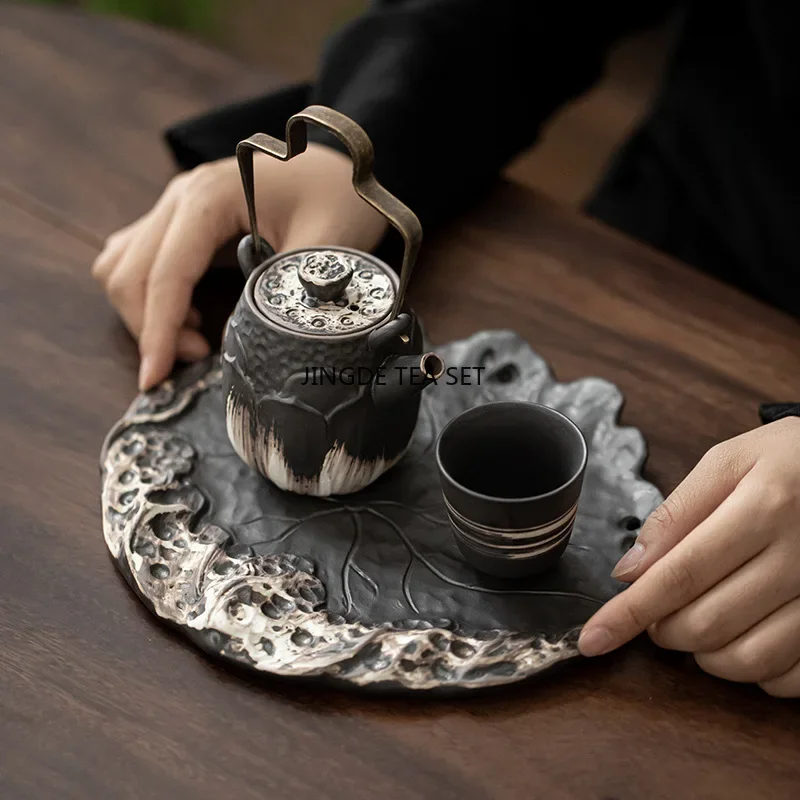 Ceramic teapot with lotus leaf design dry brewing tray, small tea tray vintage coffee table Kung Fu tea accessories