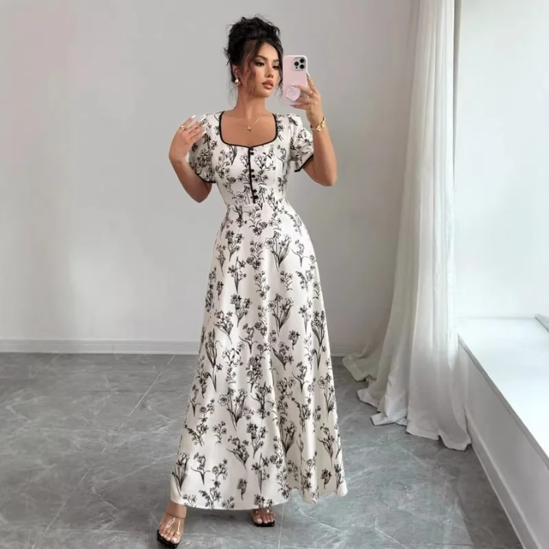 Elegante Abito Lungo da Sera con Stampa Floreale per Donna, Nuovo Stile Francese 2026, Maniche Corte a Sbuffo, Bordo con Volant, Vita Sottile - immagine 4