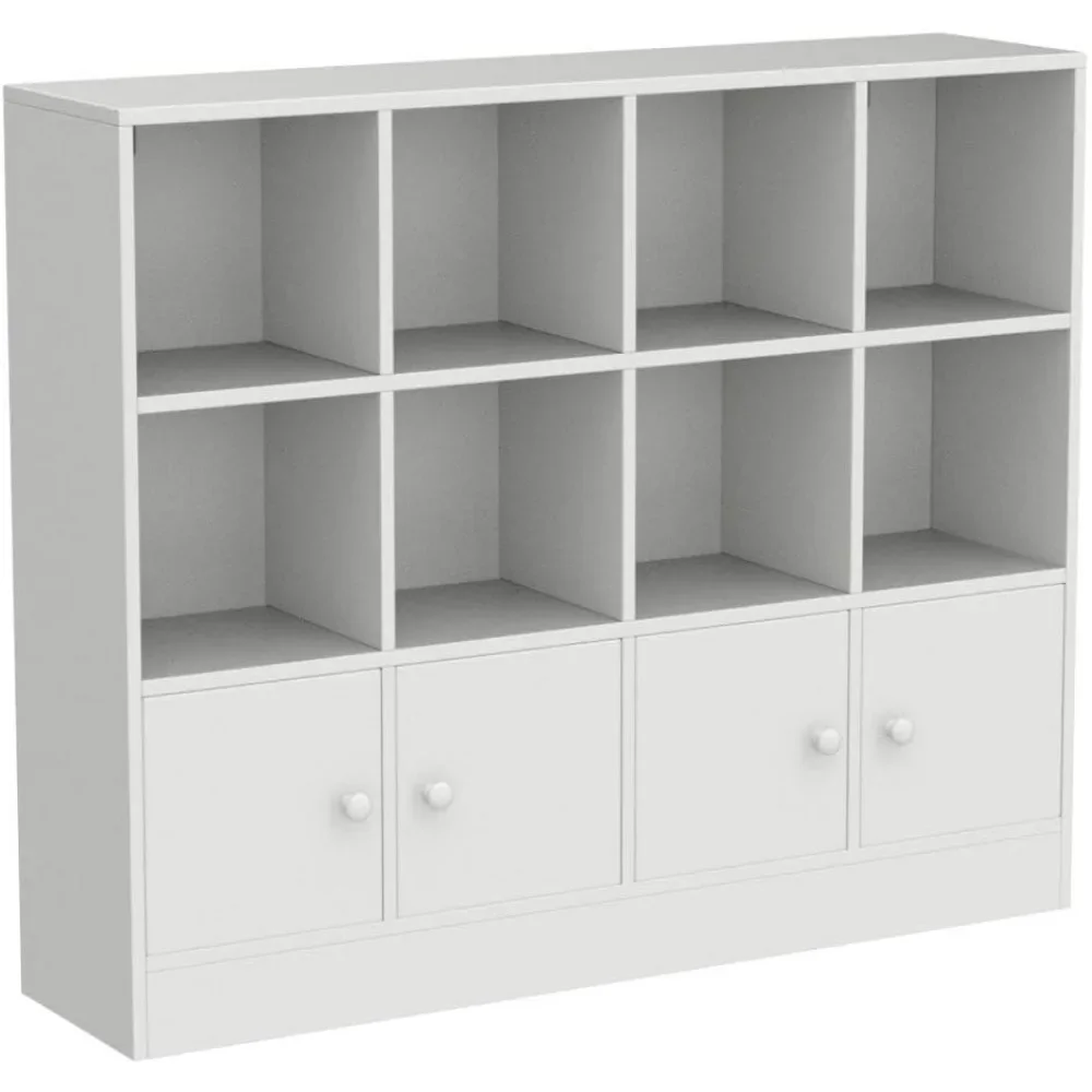 White Wood Bookcase,12 Cube Storage Organizer Bookshelf with 4 Doors,3 Tier Storage Cabinet with Adjustable Shelves for Bedroom