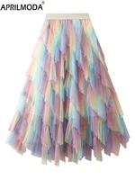 2024 Gradient Mesh Irregular Midi Long Casual Skirt High Elastic Ruffle Patchwork Rainbow Party Summer Holiday Bride Tutu Skirts 1