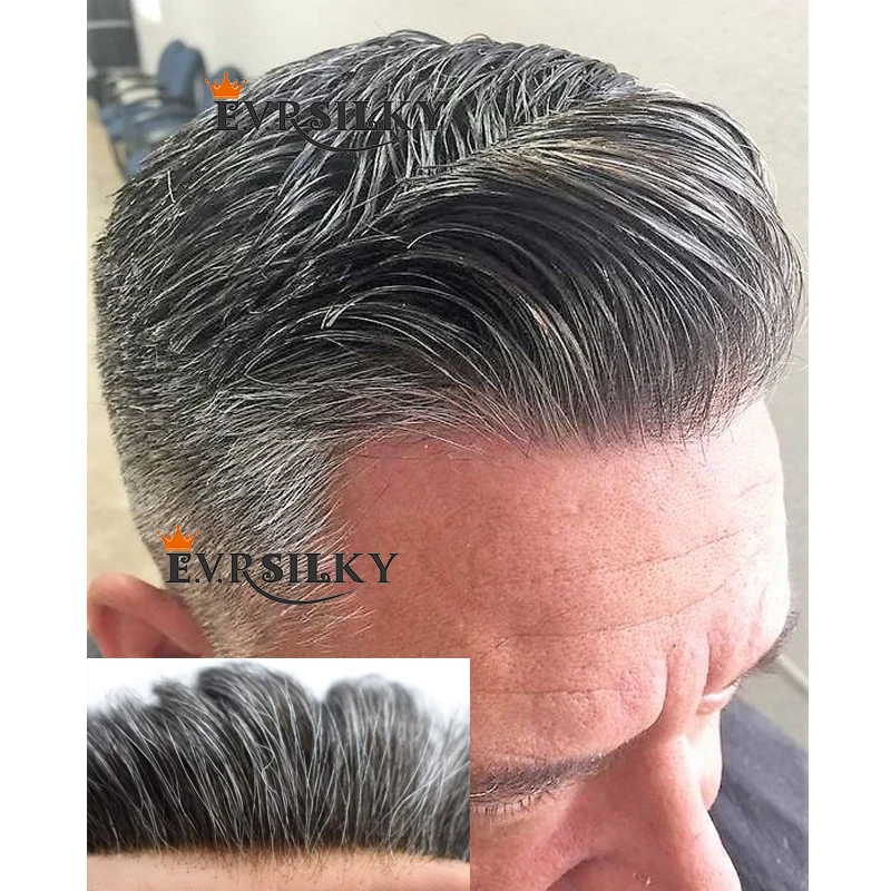 Human Hair Toupee Men Wig Natural Hairline #1B80 Gray Wave Full Skin 0.02mm