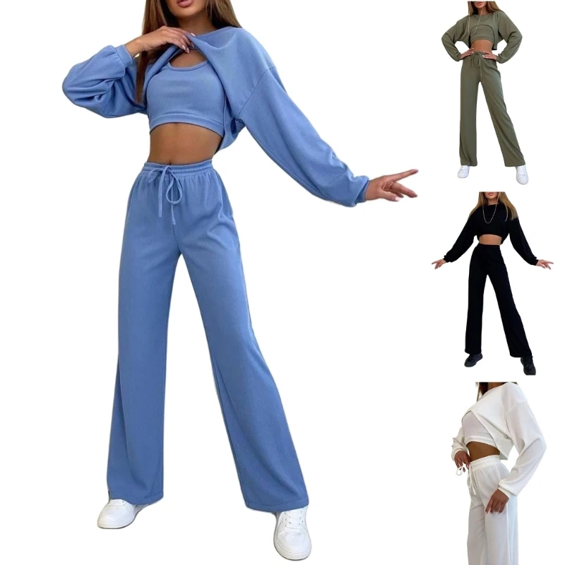 

3 Piece Tracksuits Long Sleeve Pullover Crop Top Tops Outfits Sweatsuit