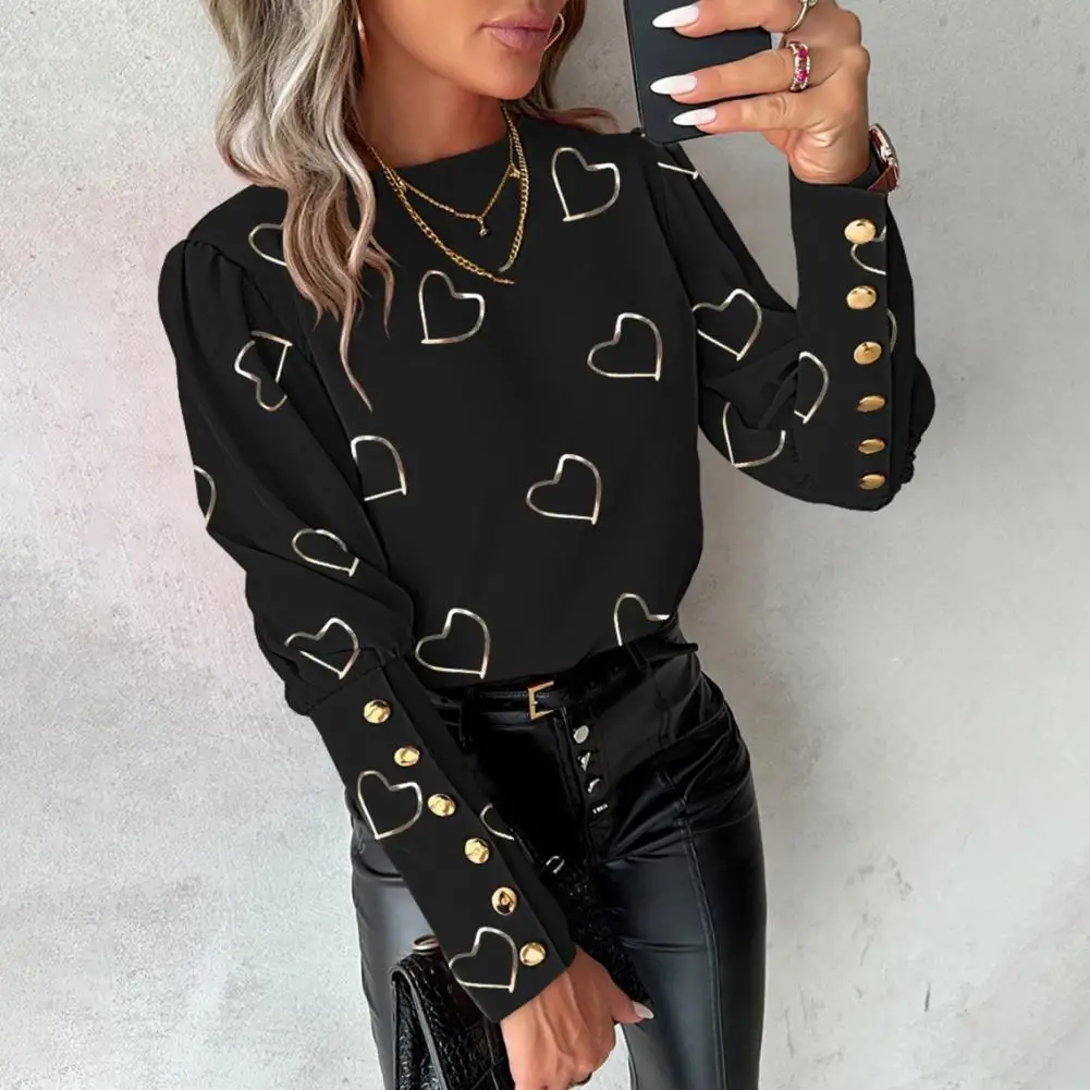 

Casual Women Shirt Women Long Sleeve Shirt Spring Heart Print Women's Shirt Round Neck Long Sleeve Blouse with Button Decor Soft