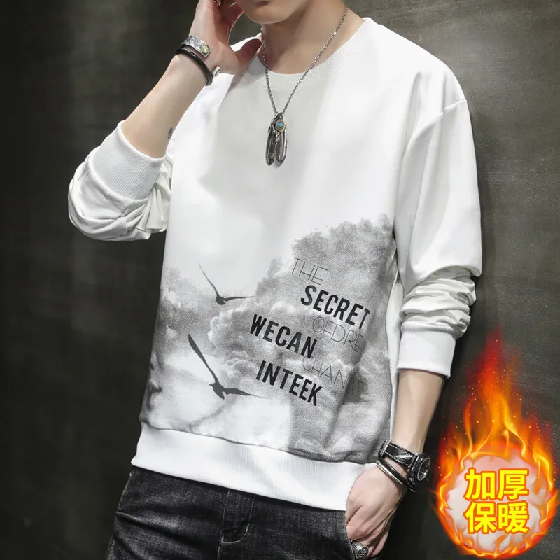 Men's Autumn and Winter Pullover Round Neck New Patchwork Printed Letter Loose and Versatile Fashion Casual Long Sleeved Hoodie