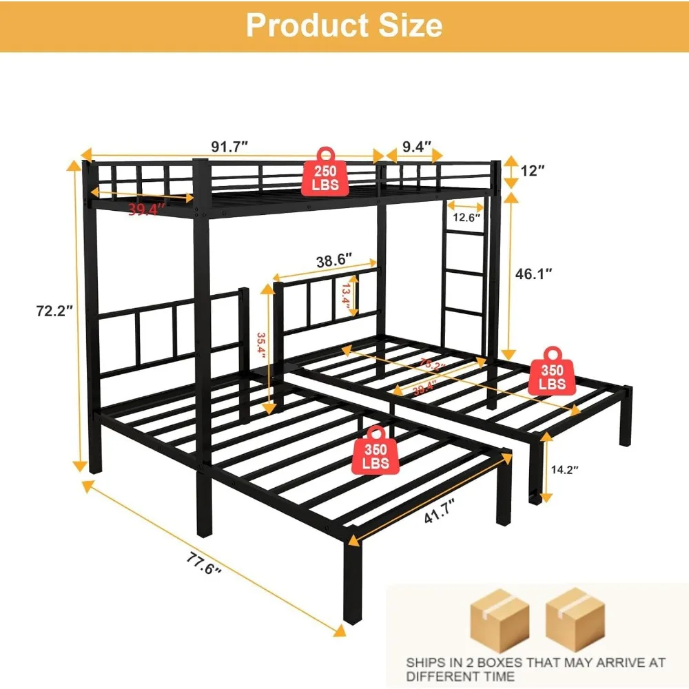 Twin Over Twin & Twin Bunk Beds for 3, Triple Bunk Bed for 3 with Guardrails, Ladder & Upper-Bed Platform, for Children, Teens 2