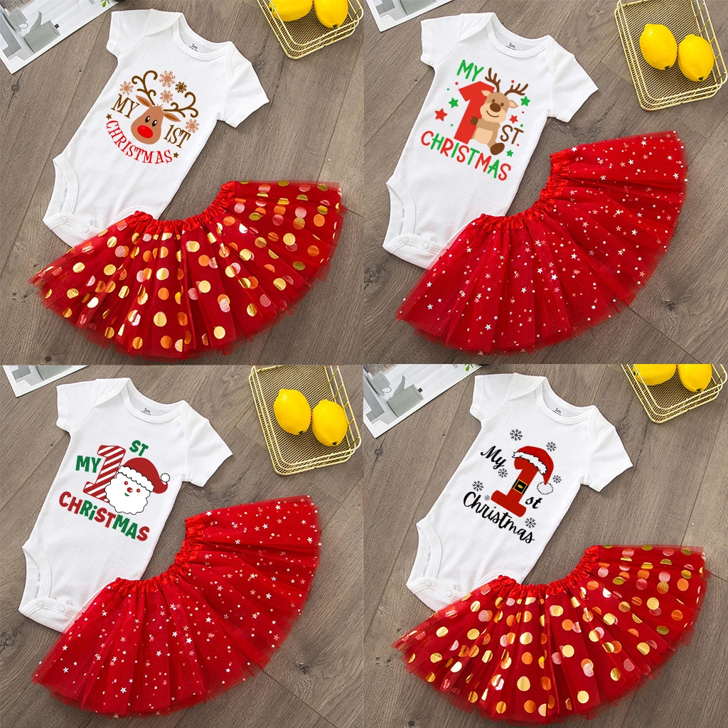 My 1st Christmas Baby Bodysuit Dresses Set Infant Girls Short Sleeve