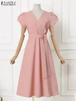 Women Fashion OL Work Sundress ZANZEA Elegant Summer Short Sleeve Dress Casual Solid A Line Vestido Kaftan Sarafans Robe Femme - Image 5