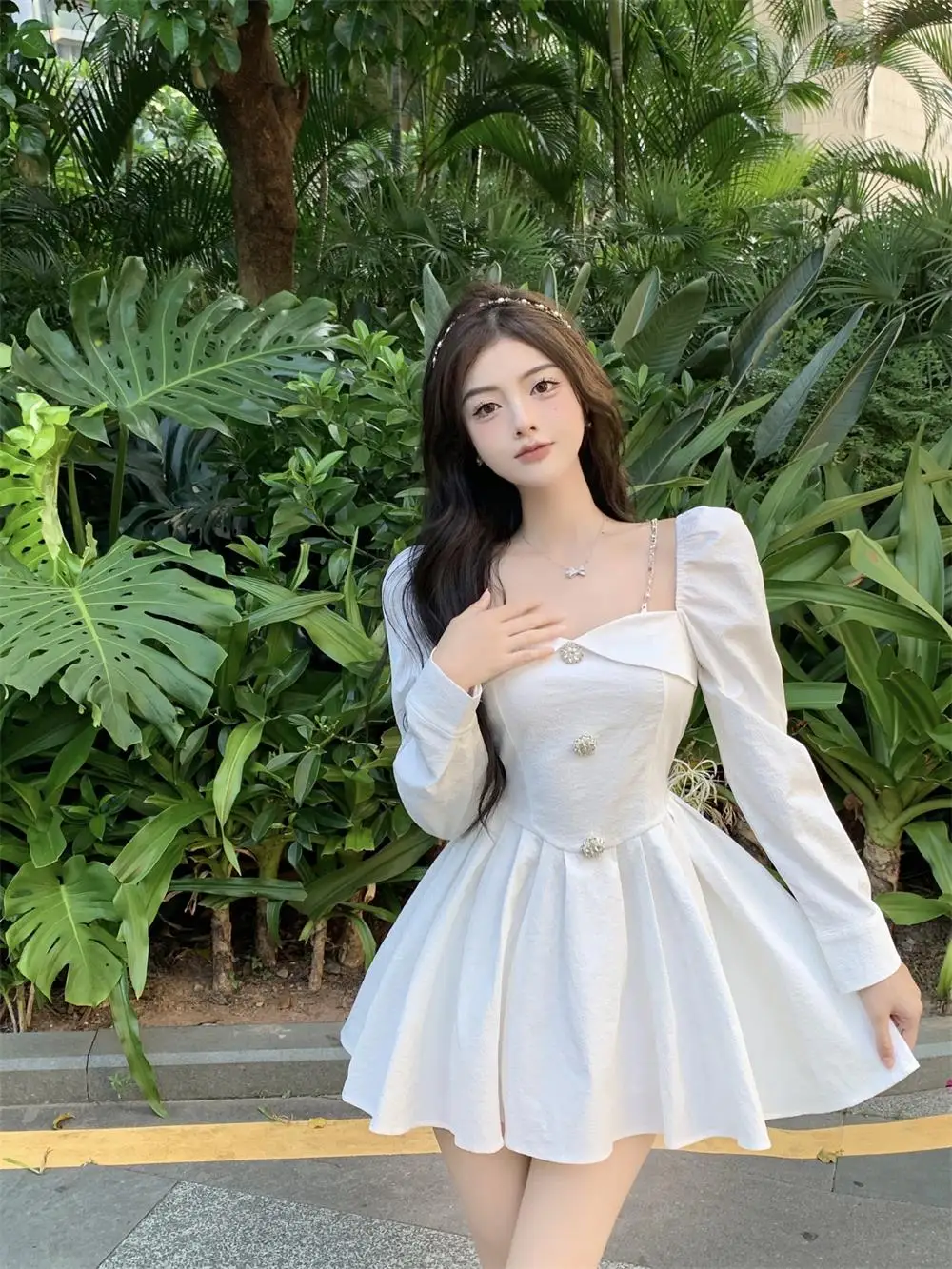 Korean Style Solid Mini Dress Women Long Sleeve Square Collar Spring Fashion High Waist Female Birthday Party Vestidos Mujer