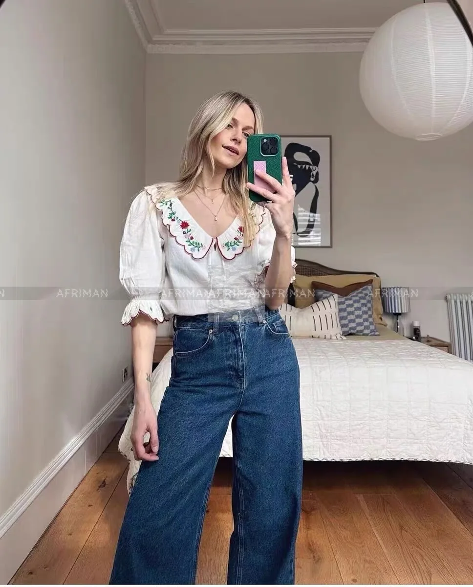

2023 New Doll Collar Colorful Flower Embroidery Women Cotton Blouse Top