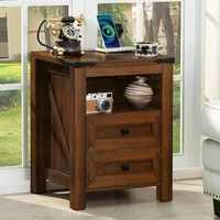 Nightstand with Charging Station and USB Port, Farmhouse Side End Table with 2 Drawers and Open Shelf 1
