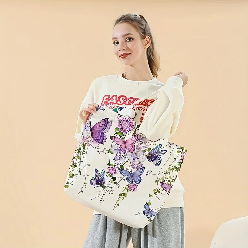 Flower butterfly printed tote bag, reusable fashionable backpack, multifunctional handbag, printed canvas shopping bag