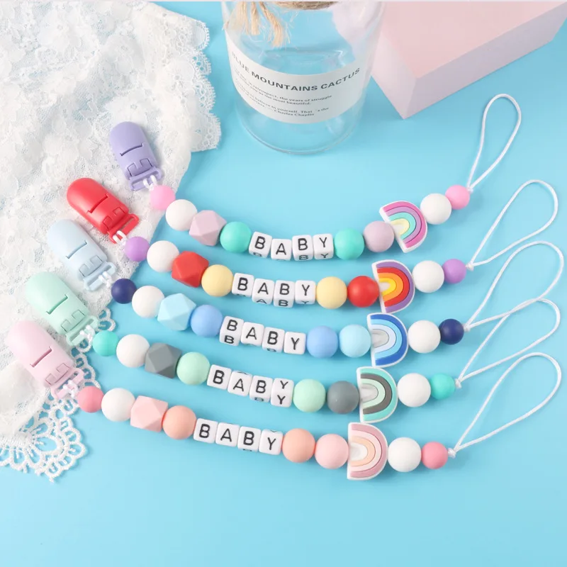 Rainbow Silicone Personalized Pacifier Clip Customized Baby Name Pacifier Chain Food Grade Silicone Teether For Baby Shower