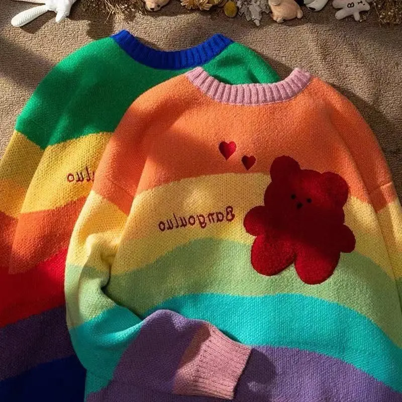 

Rainbow Striped Sweet Couple Sweater Women Autumn and Winter Lazy Style Loose Pullover Knit Sweater Western Style Streetwear Top