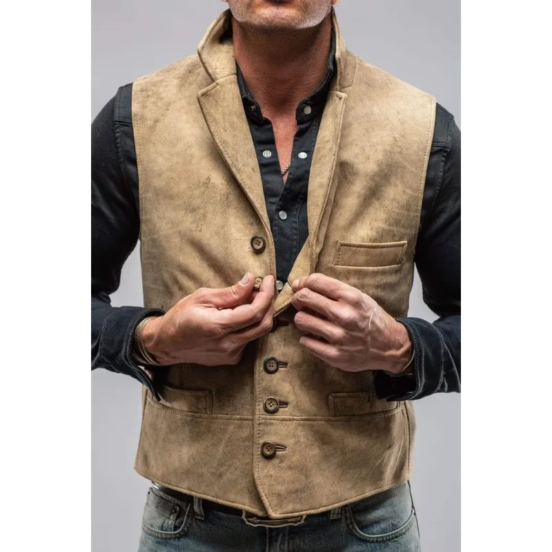 Men's Suit Lapel Single -breasted Steam Punk Suede Solid Sleeveless Jacket Retro Denim Western Handsome Fashion Casual Vest 2023 5