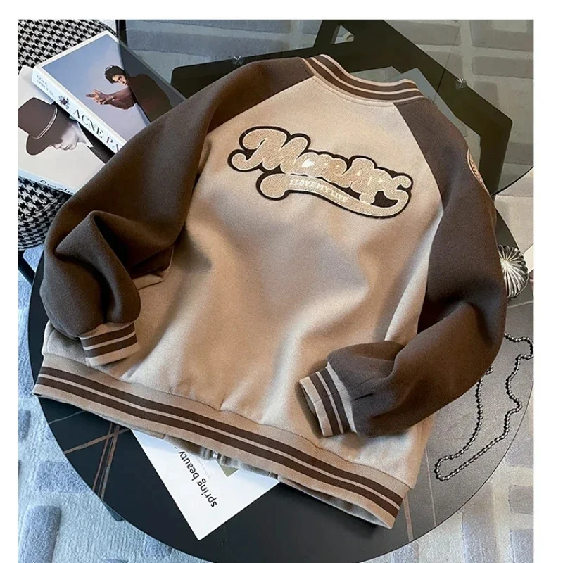 남녀공용 스탠드업 칼라 야구 유니폼, 레터 M 자수 재킷, 니치 대비 색상, 대학 가디건, 겨울 재킷