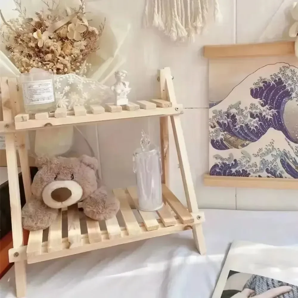 Wooden Desktop Storage Rack Simple Multi Functional Folding Corner Shelf Double Layer Trapezoidal Stationery Shelf for Dormitory