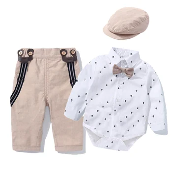 Romper Clothes Set For Baby Boy Bow Hat Gentleman Suit Infant Baby Bodysuit Clothes for Newborn Babies Belt Pants Toddler Set 1