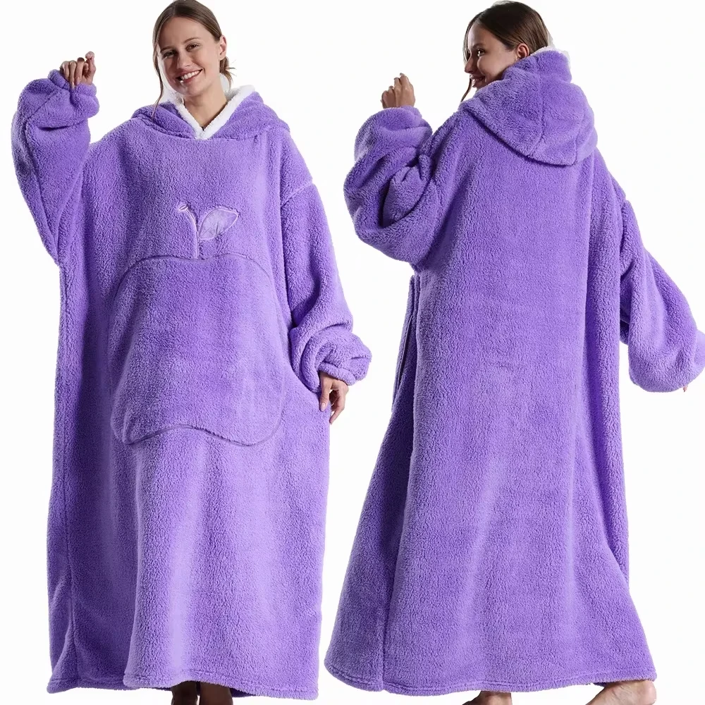New Extra Long Wearable Blankets Winter Flannel Hooded Blanket with Full Sleeves Men Women Cozy Soft Throw Adult TV Warm Blanket 2